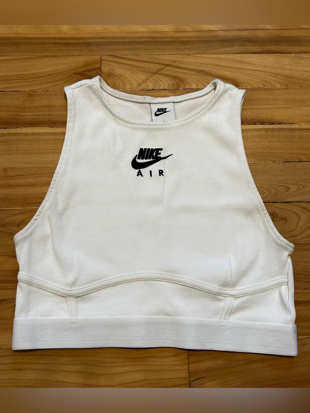Nike White Ribbed Air Crop Tank with Black Logo